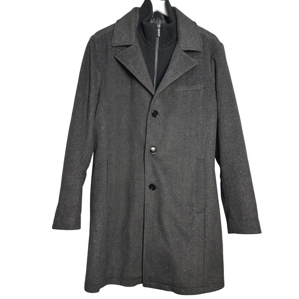 Kenneth Cole Mens Herringbone 2 in 1 Car Coat Charcoal Grey Black Knit Bib M
